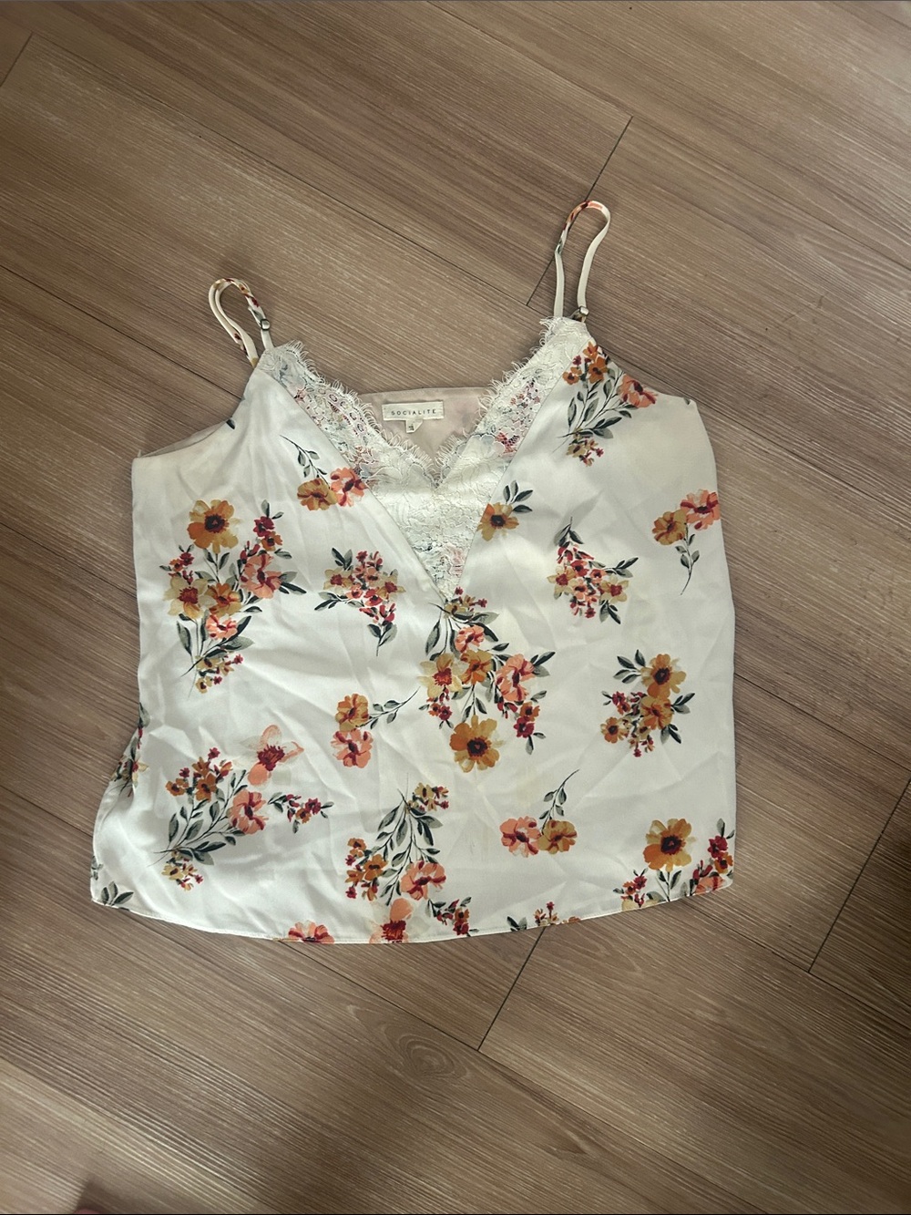 Socialite White Floral Satin Lace-Trim Cami